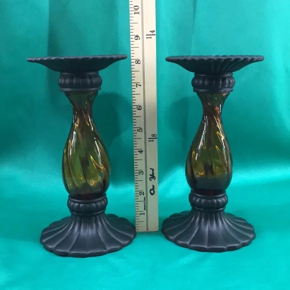 PARTYLITE Global Fusion Taper/Pillar Holder Amber Glass/Black Metal—P8722–(Pair) - Picture 5 of 11